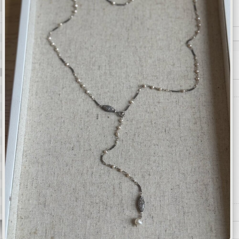 Chan Luu Sterling Silver Pearl and Diamond Adjustable Lariat